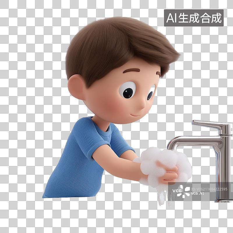【AI数字艺术】男孩在洗手池洗手图片素材