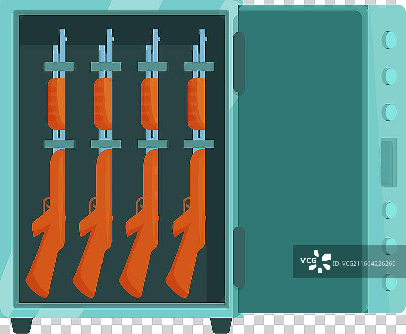 打开的金属保险箱，里面放着步枪和枪支图片素材