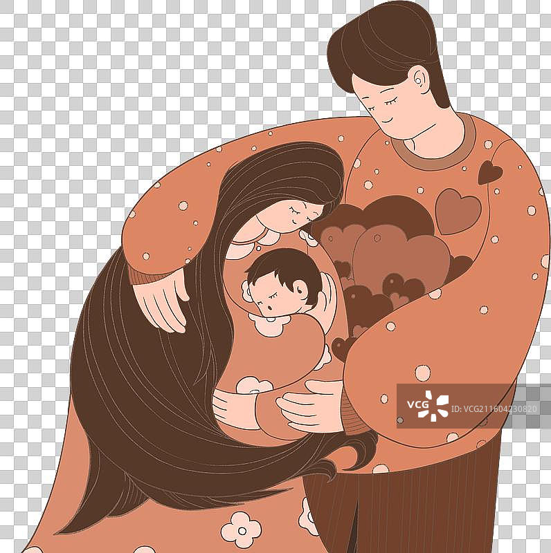 咖啡色调温馨拥抱的一家人插画图片素材