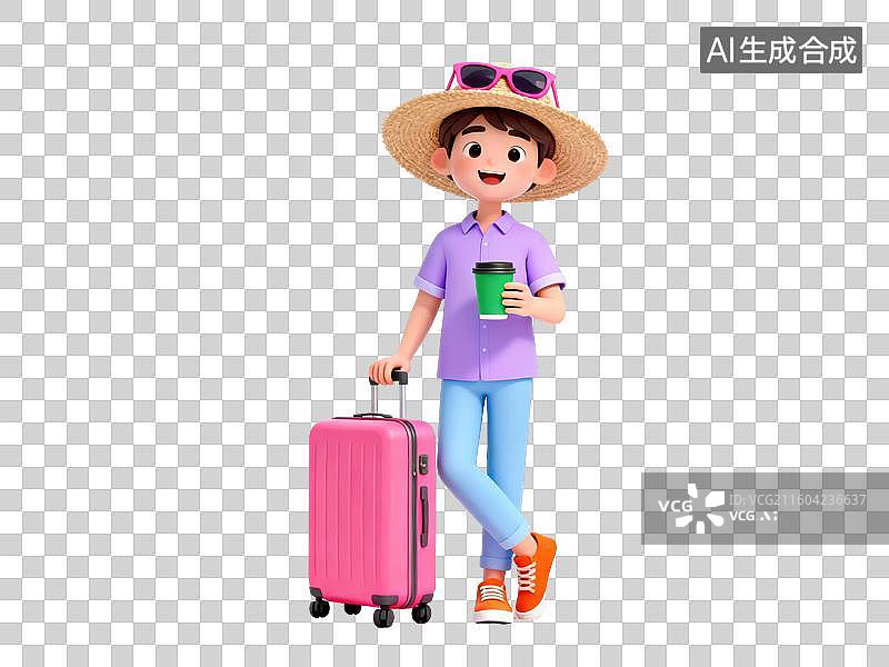 【AI数字艺术】戴草帽的女孩拉着行李箱图片素材