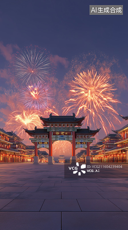 【AI数字艺术】烟花点亮东方古韵街景图片素材