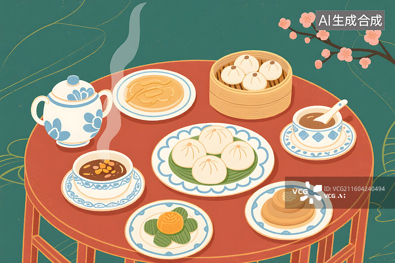 【AI数字艺术】中式传统美食茶点插画图片素材