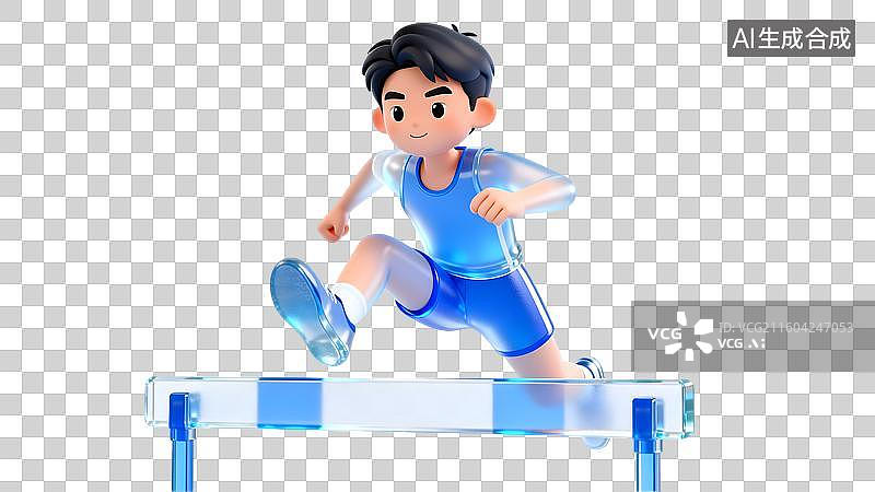 【AI数字艺术】蓝色磨砂玻璃少年跨栏奔跑 科技感卡通人物运动 体育运动主题卡通跨栏运动员图片素材