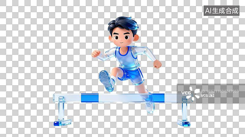 【AI数字艺术】蓝色磨砂玻璃少年跨栏奔跑 科技感卡通人物运动 体育运动主题卡通跨栏运动员图片素材