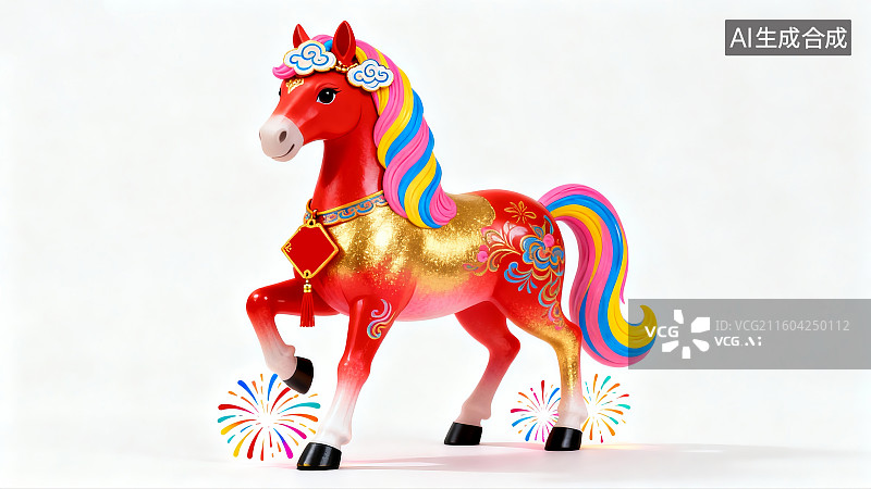 【AI数字艺术】生肖马,艺术摆件,卡通装饰风格,红金配色,彩虹色鬃毛尾巴,祥云装饰,金色花纹,红色吊坠,烟花元素图片素材