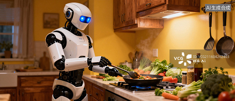 【AI数字艺术】智能生活厨房机器人概念背景图片素材