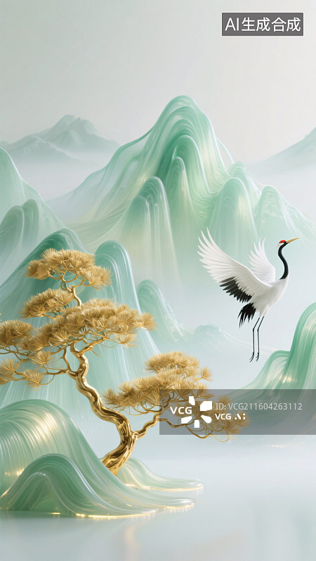 【AI数字艺术】新中式仙鹤松影插画图片素材