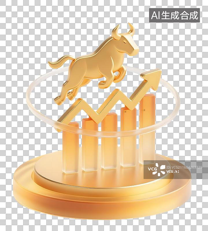 【AI数字艺术】AIGC：3D金牛股市上升曲线图，股票债券，证券交易，元素，免抠图形图片素材