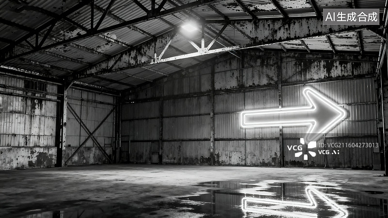 【AI数字艺术】工业风冷峻艺术的黑白箭头仓库空间图片素材