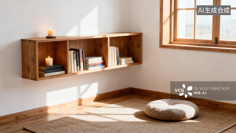 【AI数字艺术】简约自然质朴的木架书籍蒲团空间图片素材