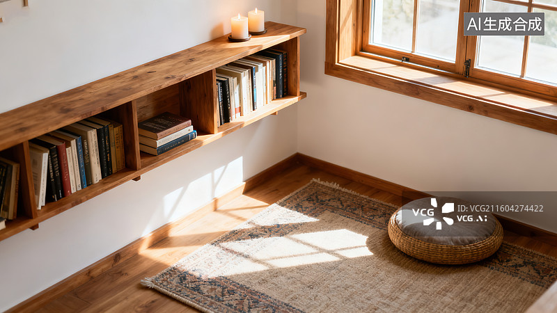 【AI数字艺术】简约自然质朴的木架书籍蒲团空间图片素材