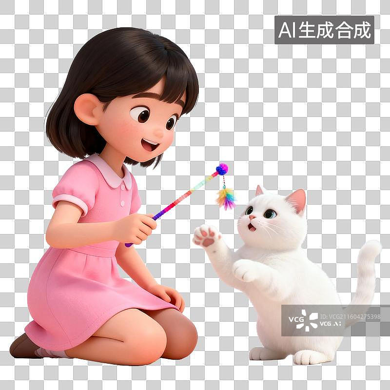 【AI数字艺术】小女孩与白猫欢乐玩耍图片素材