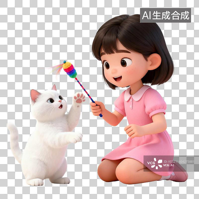 【AI数字艺术】小女孩与白猫玩耍场景图片素材