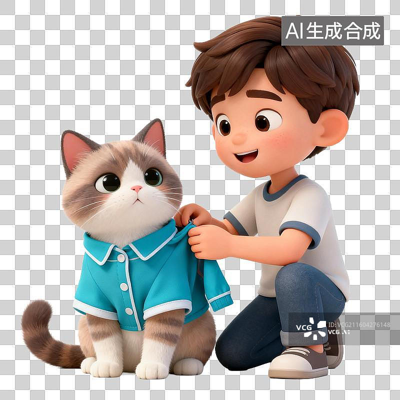 【AI数字艺术】男孩给可爱猫咪穿蓝色衬衫图片素材
