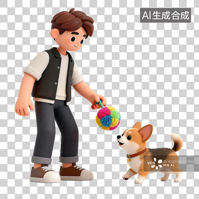 【AI数字艺术】男子与柯基犬玩耍场景图片素材