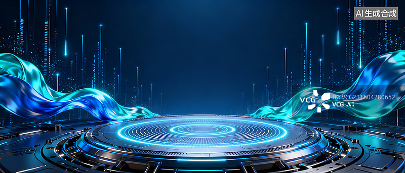 【AI数字艺术】蓝绿科技光带平台未来展示场景图片素材
