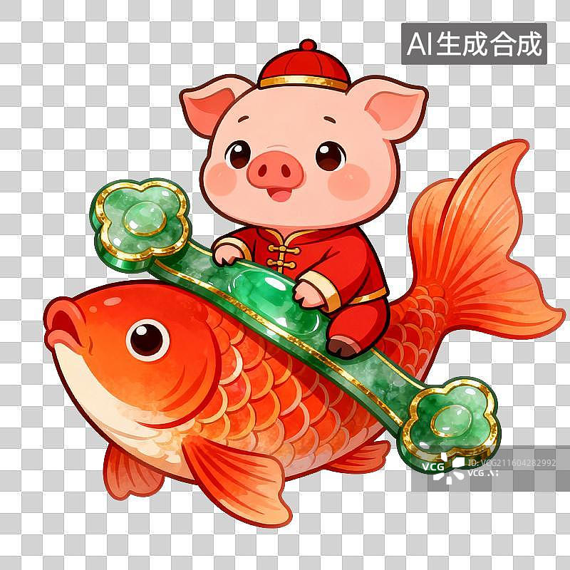 【AI数字艺术】线描风卡通可爱十二生肖：生肖猪骑锦鲤春节吉祥图片素材