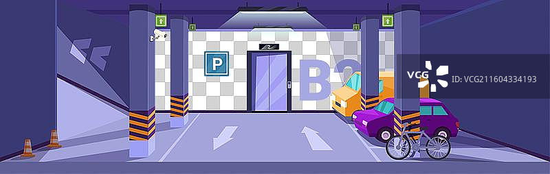 停放着车辆的地下停车场，配有监控摄像头图片素材