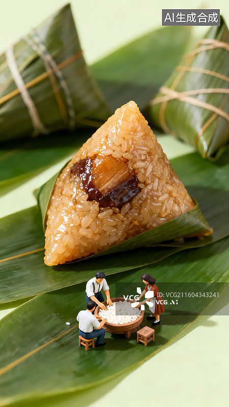 【AI数字艺术】三个人在包粽子端午节传统文化移轴摄影三维图图片素材