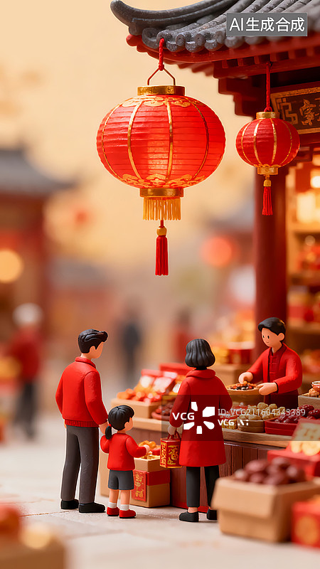 【AI数字艺术】春节新年一家三口在逛街买年货干果零食红灯笼移轴摄影三维图图片素材