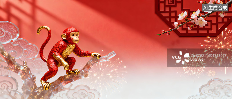 【AI数字艺术】红色猴子攀枝迎春图图片素材