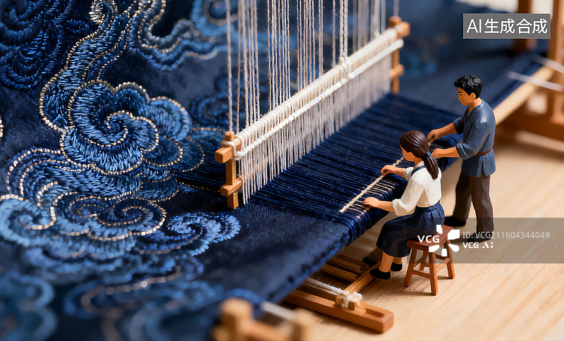 【AI数字艺术】两个人在用传统纺机织布移轴摄影三维图图片素材