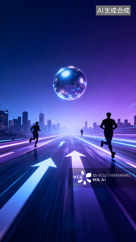 【AI数字艺术】未来都市夜景中奔跑的人影与悬浮光球图片素材