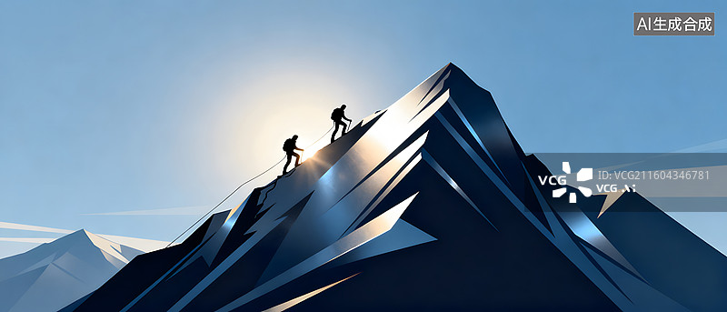 【AI数字艺术】登山者攀爬陡峭山峰迎接朝阳图片素材