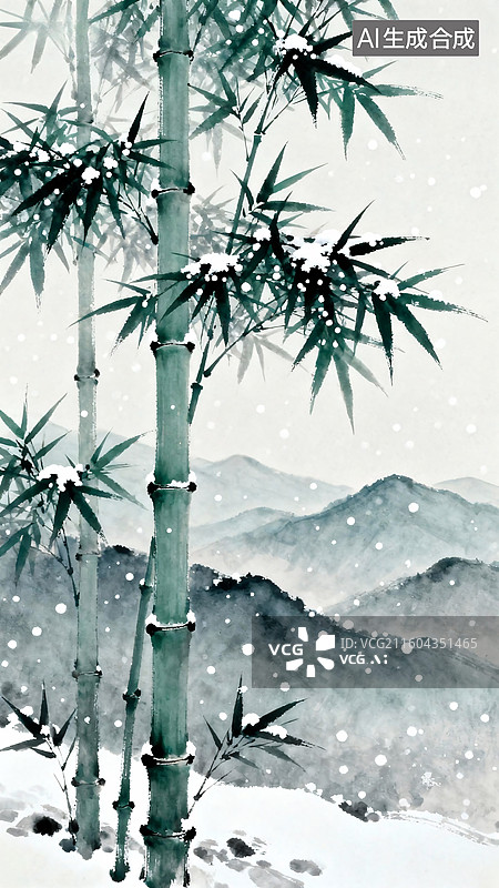 【AI数字艺术】雪中翠竹水墨画图片素材