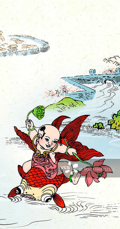 传统文化 中国风 复古 木版水印 年画 儿童 题材 教育 行业 插画 水 河流 金鱼 神话 年年有余图片素材