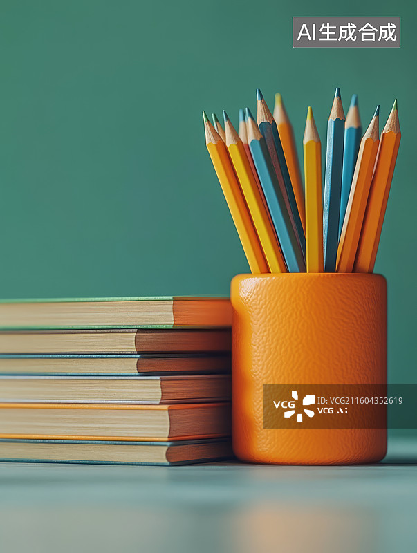 【AI数字艺术】叠起的书籍笔筒铅笔学生文具，教育主题背景图片素材