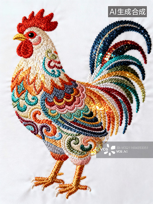 【AI数字艺术】传统工艺彩色刺绣大公鸡图片素材
