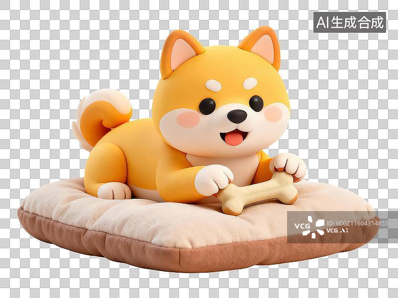 【AI数字艺术】3D粘土风宠物柴犬躺狗窝啃骨头图片素材