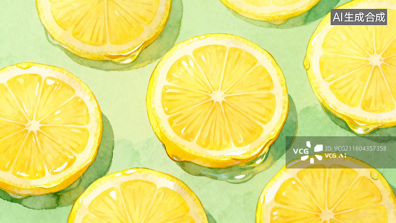 【AI数字艺术】柠檬切片排列在绿色背景上图片素材