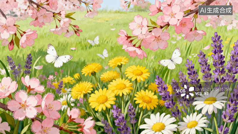 【AI数字艺术】春日花丛与蝴蝶图片素材