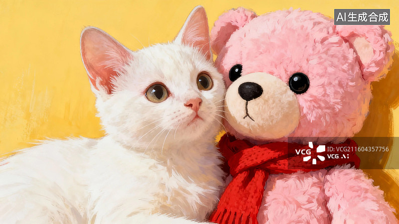 【AI数字艺术】白猫与粉色泰迪熊依偎图片素材
