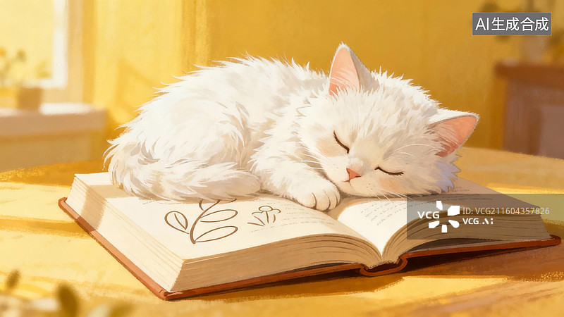 【AI数字艺术】白猫蜷睡在书上图片素材