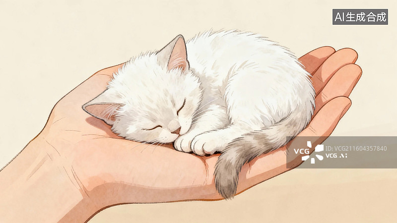 【AI数字艺术】手掌中熟睡的白色小猫图片素材