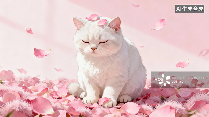 【AI数字艺术】白猫静坐于樱花瓣中图片素材
