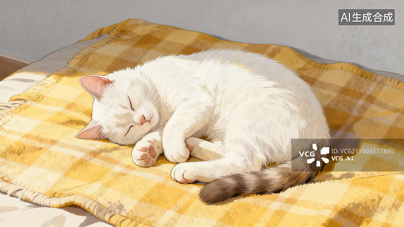 【AI数字艺术】白猫在格子毯上睡觉图片素材