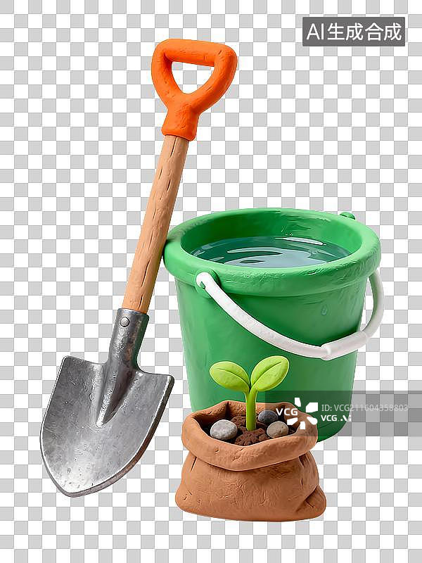 【AI数字艺术】3D风格铲子水桶袋子里的树苗元素图片素材