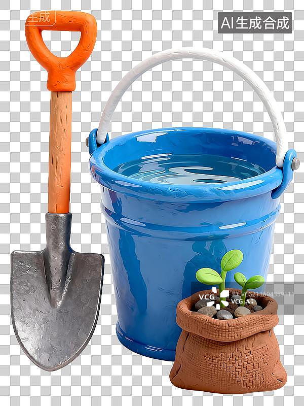 【AI数字艺术】3D风格铲子水桶袋子里的树苗水桶，铁铲，植树节，农业，种树元素图片素材
