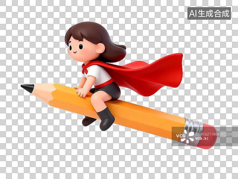 【AI数字艺术】3D小女孩坐在铅笔上披着斗篷飞翔，飞向未来图片素材