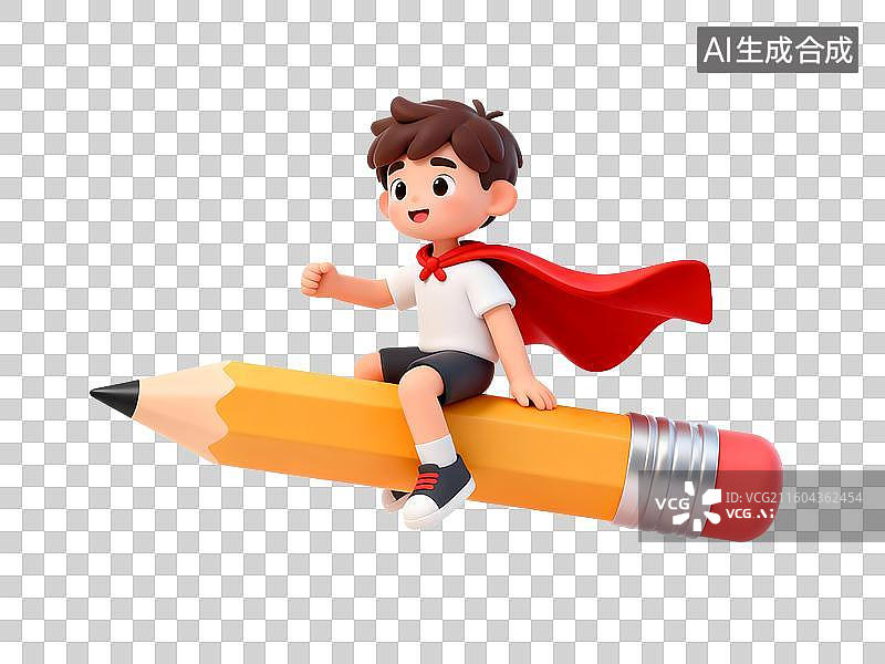 【AI数字艺术】3D小男孩坐在铅笔上披着斗篷飞翔，飞向未来图片素材