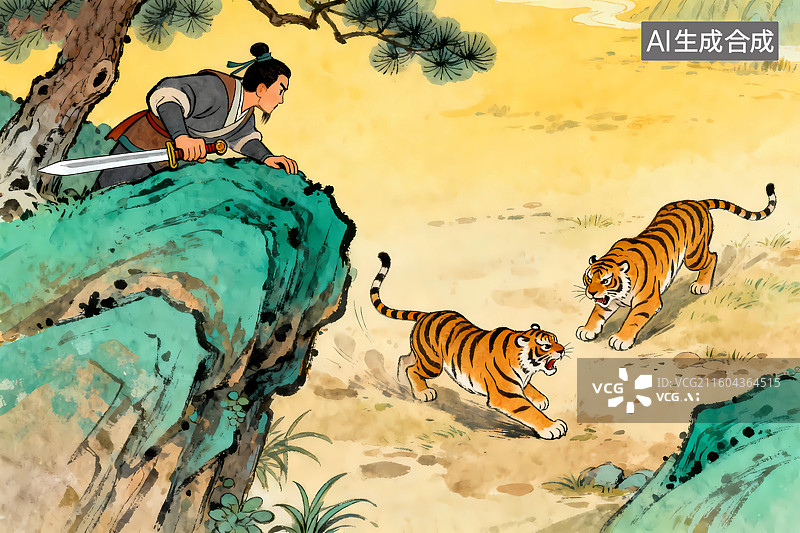 【AI数字艺术】古代寓言故事插画之卞庄子刺虎图片素材