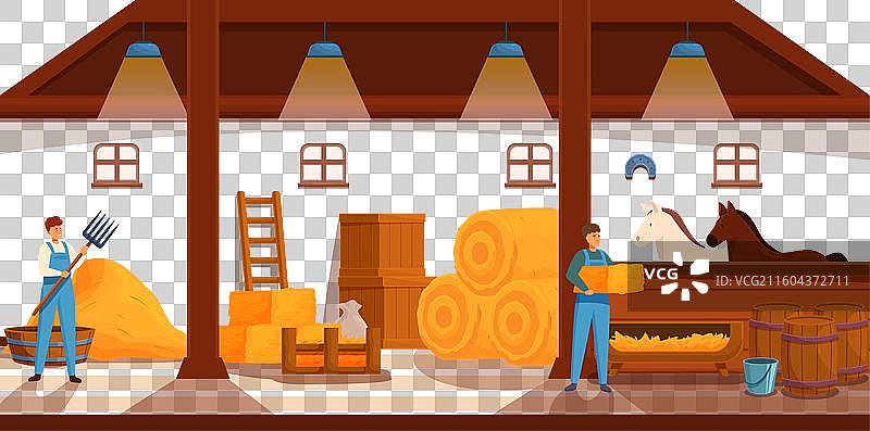 农民正在马厩里搬运干草图片素材