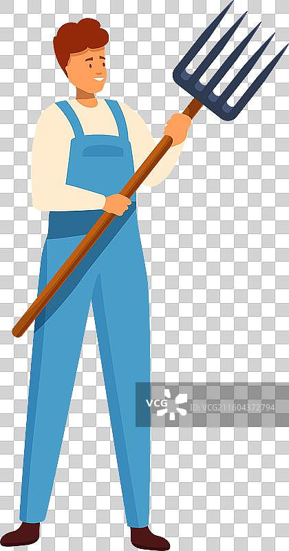 快乐的农民拿着干草叉站在蓝色的（田野/背景）中图片素材