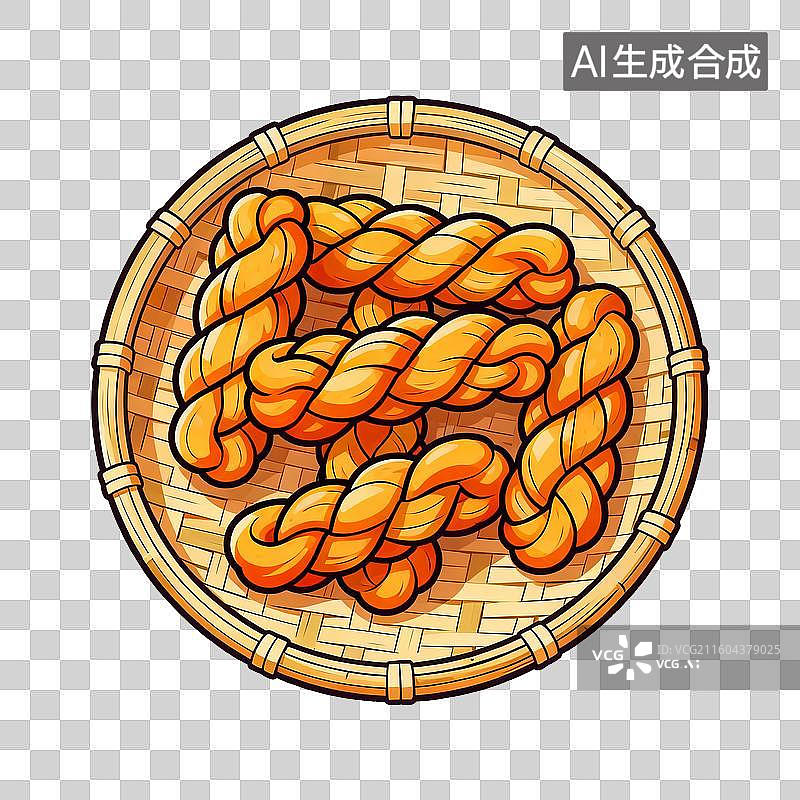 【AI数字艺术】放在竹编簸箕里的零食麻花图片素材