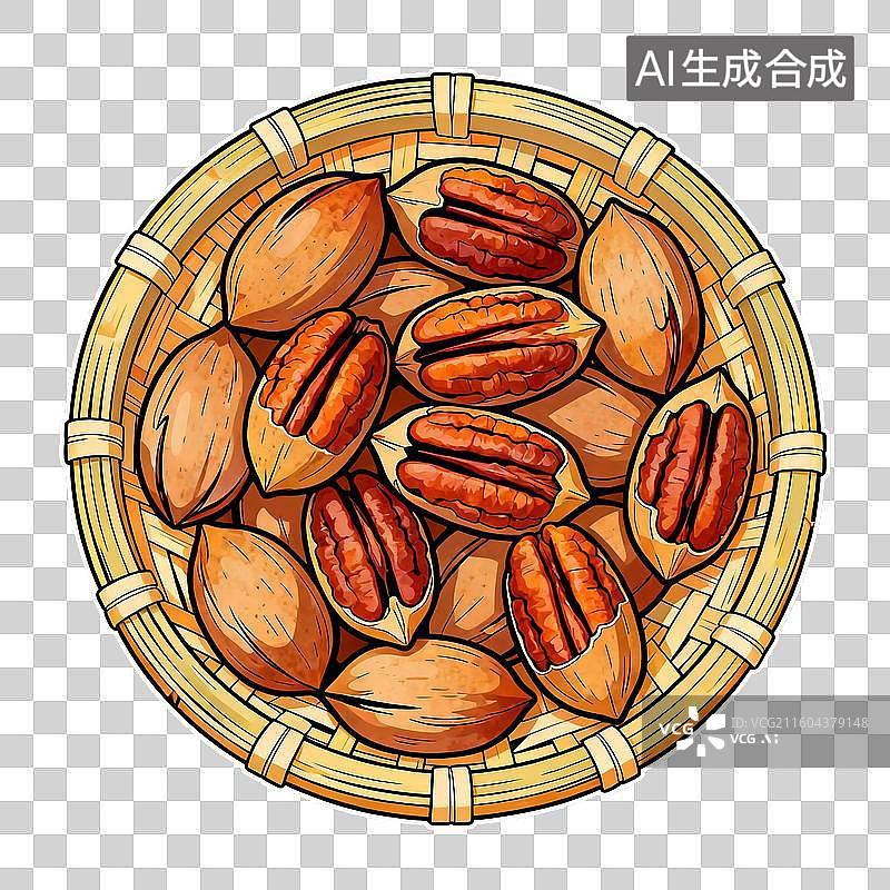 【AI数字艺术】放在竹编簸箕里的零食核桃图片素材