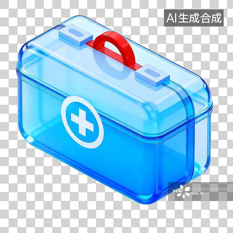 【AI数字艺术】蓝色3D家庭药箱医疗医用药品红十字急救箱图片素材